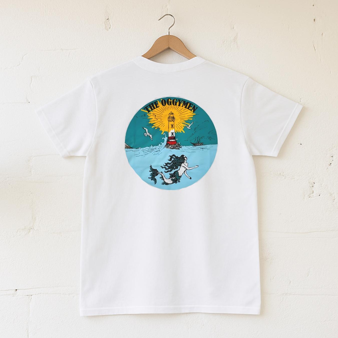 White t-shirt with a colorful graphic design on a wooden hanger against a light background